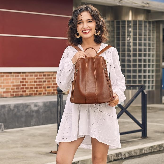 S-ZONE Leather Backpack Purses for Women Antitheft Rucksack Shoulder Bag Medium | Genuine Leather, Medium Fits 9.7-inch Tablet, for Work Travel Daily Commute, Multi Pockets, Adjustable Dual Straps - Image 2