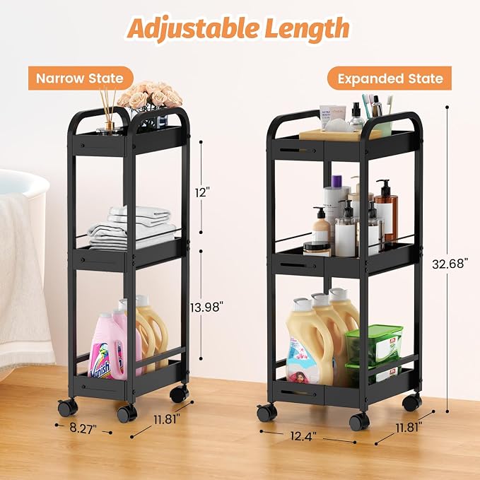Expandable 3-Tier Metal Slim Rolling Storage Cart with Wheels | Adjustable Length Narrow Heavy Duty Rolling Cart, 4 Wheels (2 Lock), for Bathroom, Kitchen, Laundry & Small Spaces - Image 2