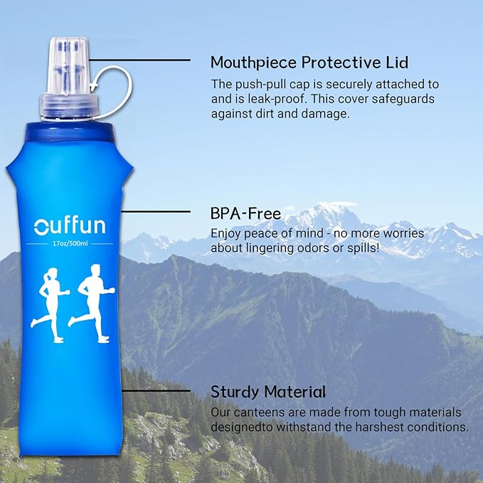 2 Pack Soft Water Bottle, TPU Collapsible Flask Foldable Bottles for Hydration Pack, BPA-Free, Running Lightweight Water Bottle for Outdoor Sports like Hiking Cycling Climbing Running (17OZ/500ml) - Image 5