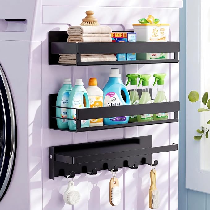 Bamboo 3 Pack Magnetic Shelves for Washing Machine, Black | Magnetic Laundry Shelf, Laundry Room Organization, Heavy-duty Storage for Kitchen Refrigerator, Detergent Holder with Hooks by Junkin