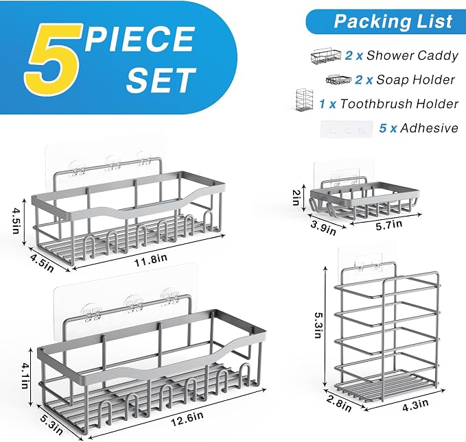 Shower Caddy 5 Pack,Adhesive Shower Organizer for Bathroom Storage&Home Decor&Kitchen,No Drilling,Large Capacity,Rustproof Stainless Steel Bathroom Organizer,Shower Shelves for Inside Shower-Larger - Image 7