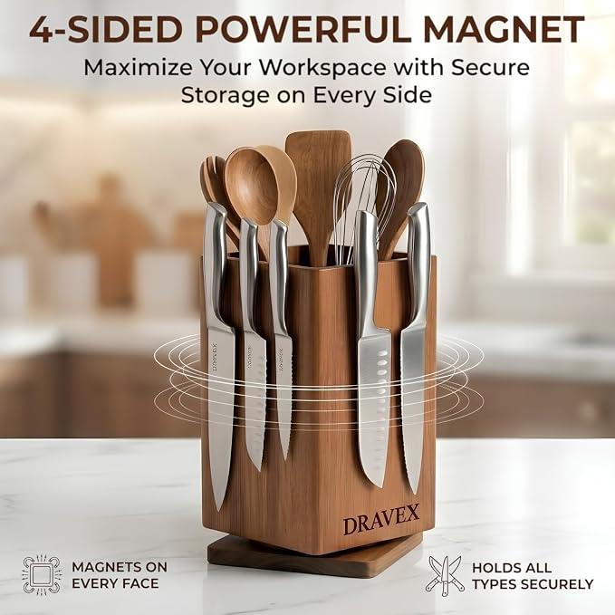 DRAVEX Ultra Premium Magnetic Knife Block without Knives for Counter Top | 360° Rotatable Acacia Wood Knife Holder Stand, Large Kitchen Utensils Holder with Strong Magnet, Anti-Slip Base - Image 6