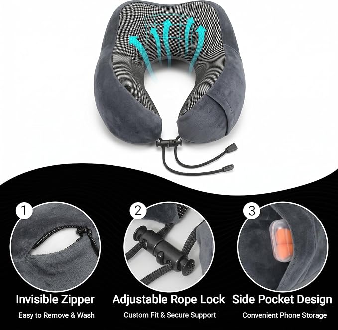 Travel Neck Pillow, 100% Memory Foam, U-Shaped with Storage Box, Dark Gray | 100% memory foam with 360-degree support & adjustable buckle. Compact storage box. Machine washable cover. Fits all necks. - Image 2
