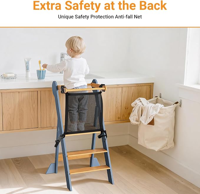 COSYLAND Foldable Toddler Kitchen Stool Helper - Height Adjustable Standing Tower for Bathroom Sink or Kitchen Counter - Step Stool for Toddlers Ages 18 Months to 6 Years Gray & Natural - Image 7