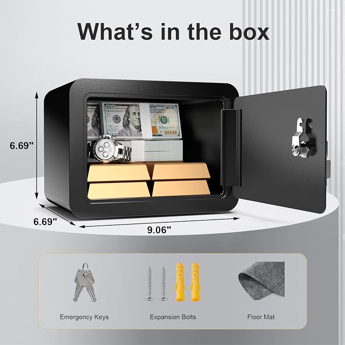 Marcree 0.23 Cub Safe, Small Safe Box with Key, Mini Safe for Kids | Mini Home Safes for Money, Coin and Cash, Security Safes for Kids, Personal Lock Box, Black, 6.69 x 9.06 x 6.69 Inches - Image 2