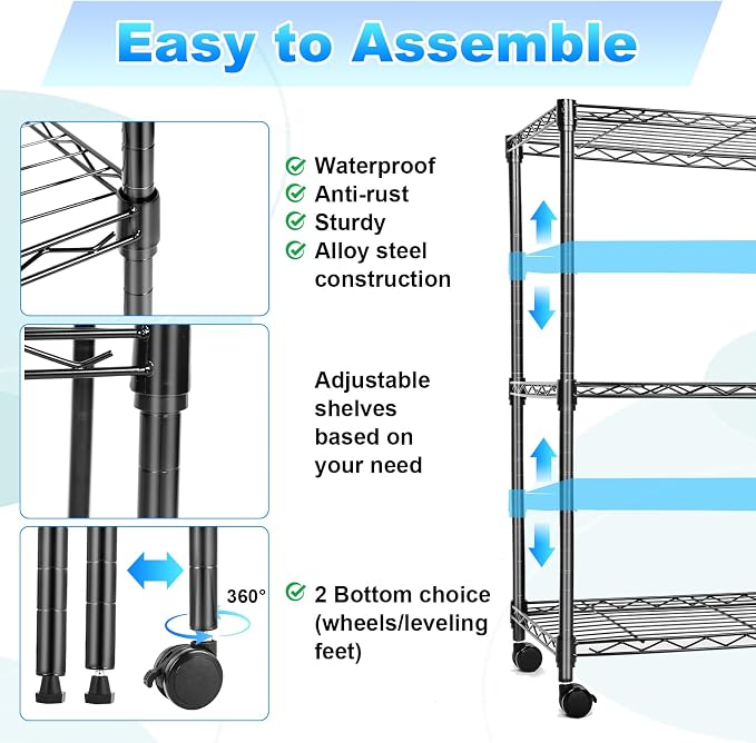 Whitmor 3 Tier Storage Shelves, Heavy Duty with Wheels, Adjustable Wardrobe Rack, 400 lbs Capacity per Shelf, Max 1200 lbs Total for Kitchen, Bathroom, Garage, 24" L x 14" W x 30.5" H, Black - Image 4