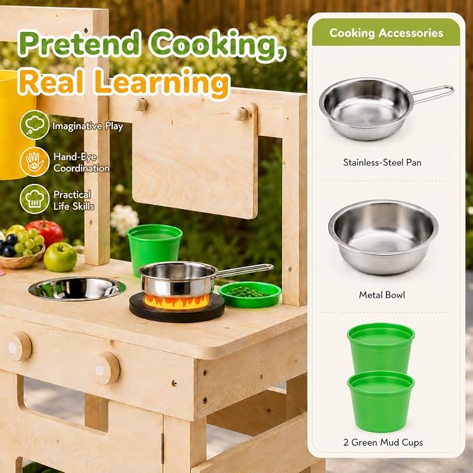 Kids Wooden Mud Kitchen Outdoor Playset, Solid Wood Backyard Pretend Kitchen with Working Faucet, Sink, Cutting Board, Planting Cups, Toy Cookware, Magnetic Cabinet Door and Storage Shelf - Image 5