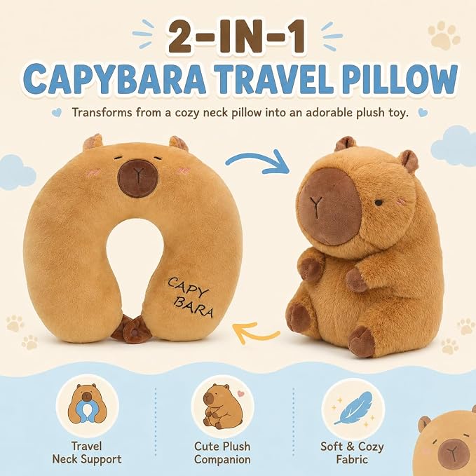 Capybara Travel Pillow for Kids & Adults Car Neck Pillow Memory Cotton U-Shaped Neck Pillow Soft Head Support Travel Accessories for Airplane Car Train Bus Airplane Pillow - Image 2