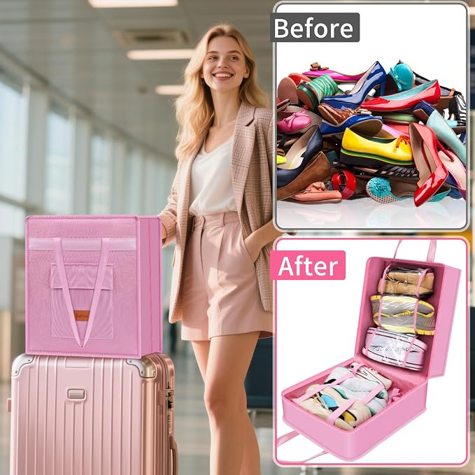 SelfTek Shoe Bags for Travel with Handle, Waterproof Large-Capacity Family Travel Shoe Bag Organizer for Multiple Shoes, Shoe Travel Bags for Packing, Suitable for Luggage Handle (pink) - Image 3
