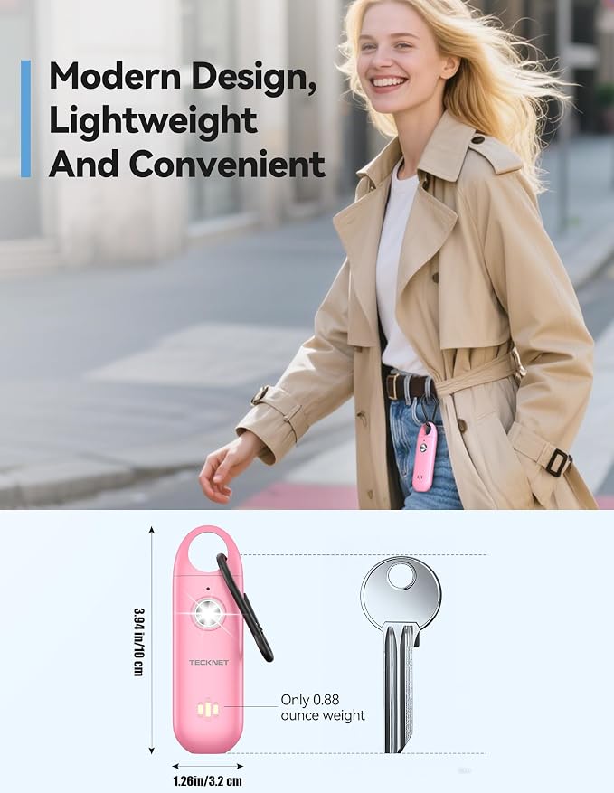 TECKNET Personal Safety Alarm,Portable Personal Alarm for Women with Flashing Strobe Light & Low Battery Alert,130dB Rechargeable Emergency Keychain Alarms for Women ,Men,Kids,Seniors(Pink) - Image 5