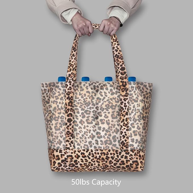 TOPDesign 1-Pack Canvas Tote Bag with an External Pocket, Reusable Grocery Shopping Bag, Top Zipper Closure, Daily Essentials (Leopard) - Image 6