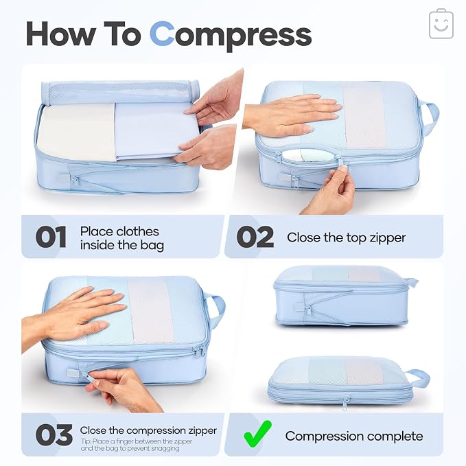 Veken 9/11 Set Compression Packing Cubes Garment Bags for Travel Essentials,Compressible Expandable Luggage Organizer Bags for Clothing,Space Saver Bags with Over 1000 pcs of Mesh Holes(Light Blue) - Image 3
