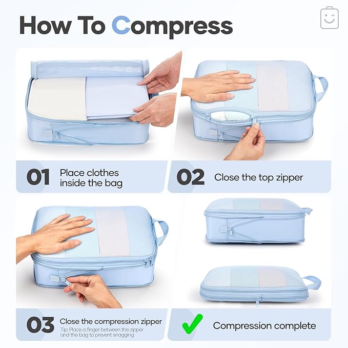 Veken 11 Set Compression Packing Cubes Garment Bags for Travel Essentials,Compressible Expandable Luggage Organizer Bags for Clothing,Space Saver Bags with Over 1000 pcs of Mesh Holes(Light Blue) - Image 3