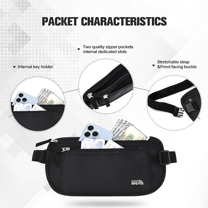 Unisex Money Belt For Men and Women, Slim Passport Holder RFID Blocking Travel Essentials Pouch with Adjustable Strap Small Waist Pouch for Workout Running Travelling Hiking, Black & Light Grey - Image 4