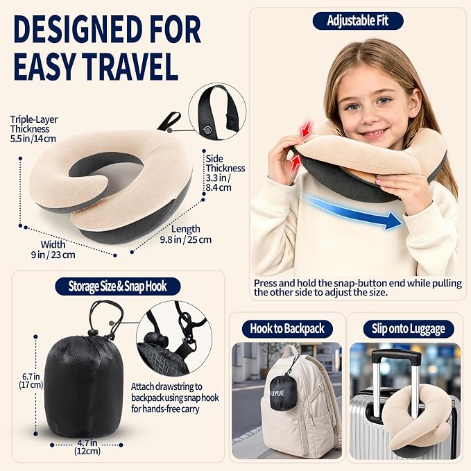 Kids Travel Pillows for Airplane, Memory Foam 360° Head Support Sleeping Essentials for Long Flight, Skin-Friendly Soft Neck Pillow for Traveling in Car Seat, (Small, Beige Grey, 40-90 lbs) - Image 5