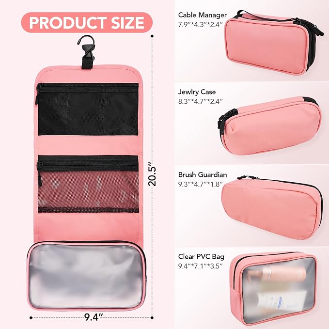 5-Piece Travel Toiletry Bag for Women, Organize Toiletries and Cosmetics | Personal Travel Essentials, with Hanging Toiletry Bag, Clear Cosmetic Bag, Makeup Bag, Jewelry Case & Cable Pouch - Pink - Image 3