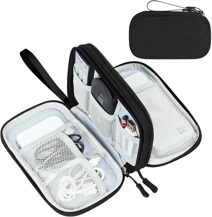 FYY Electronic Organizer, Travel Tech Pouch Bag, Medium, Black Quilted | Wrist Strap, Waterproof, Double Layers Portable Electronics Travel Carrying Case for Cord, Charger, Daily Business Trips Use by FYY