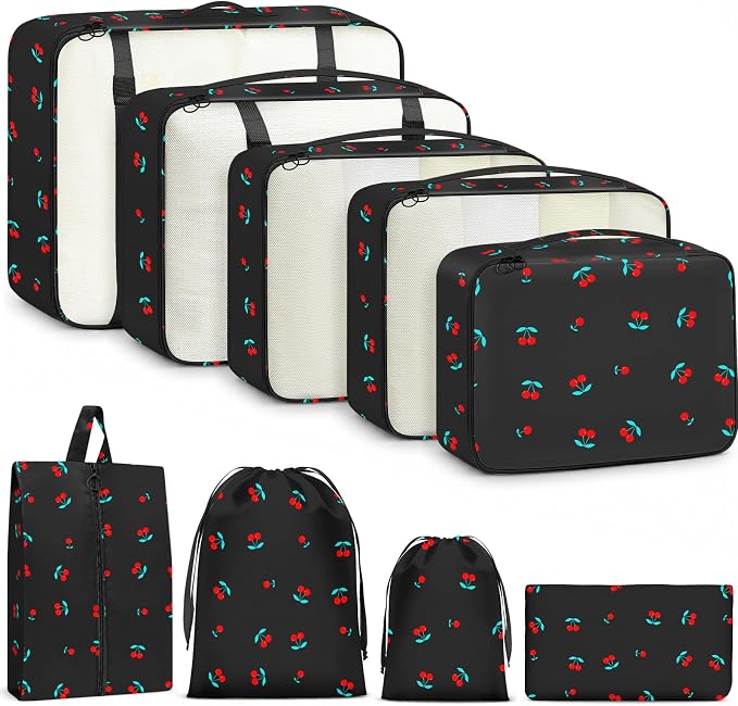 9 Set Packing Cubes for Travel Essentials - Lightweight Carry-On Luggage Organizer Bags with Shoe, Clothes & Laundry Bags for Airplane, Family & Business Travel, Black cherry by Unknown