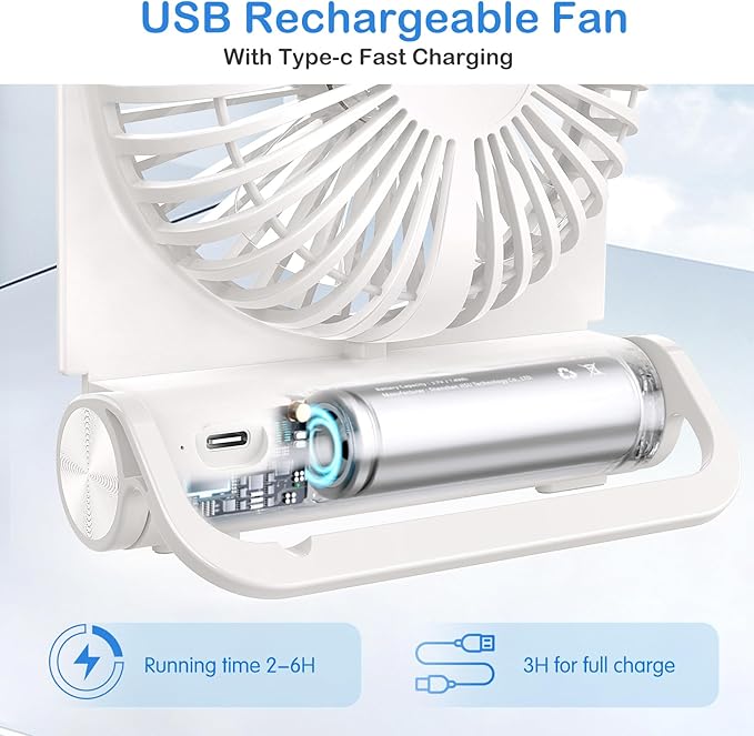 EasyAcc Small Travel Desk Fan with 4000 Capacity, Slim Rechargeable Portable Fan for SlumberPod and Camping, 180° Tilt, Fully Foldable, Office and Travel Essential - Image 2