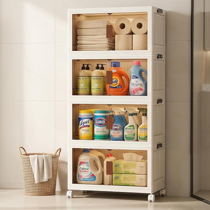 4 Tier Stackable Storage Bins with Lids, 96QT Large Capacity Storage Cabinet (24QT Per Tier), Foldable Closet Organizer with Wheels and Front Opening Doors for Clothes, Toys, Pantry, Bedroom - Image 8