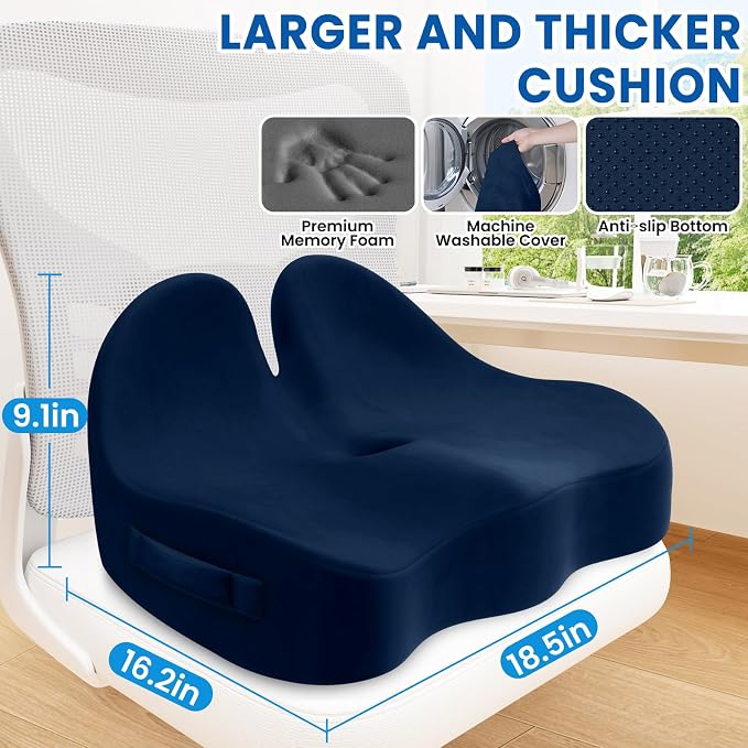 Seat Cushion, Chair Cushions, Memory Foam Office Chair Cushion | Hip & Sciatica & Tailbone Pain Relief, Long Sitting Comfort for Office Chairs/Desk Seats/Wheelchair (Large, Blue) - Image 2