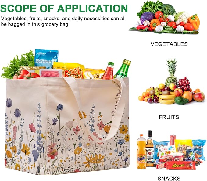 Aesthetic Canvas Reusable Grocery Bags Heavy Duty, 8.3 gal Foldable Large Tote Bag with Handles, Holds 60 lbs & Washable Eco-friendly Bags with 5 Pockets, Beige with a print 3 Bags（Wildflowers） - Image 3