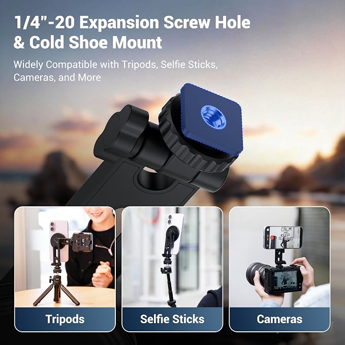 Magnetic Camera Cold Shoe Phone Tripod Mount Holder w Rotatable Cold Shoe | Adjustable Cell Phone Tripod Adapter Attachment with 1/4"-20 Hole for Magsafe iPhone 17 16 15 14 13 12 Pro Max Live Streaming - Image 6