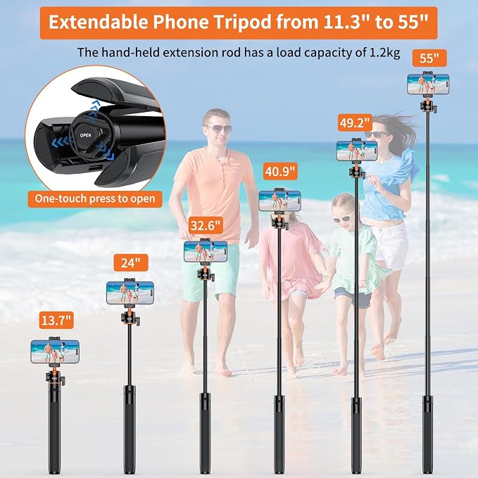 VRIG TP16 Camera Tripod, 55" Extendable Phone Selfie Stick Camera Tripod Stand with 2 in 1 Phone Clip, 5 Levels Adjustment 360° Ball Head Loads Up for DJI OSMO Pocket 4/3 Insta360 X5 iPhone Sony Canon - Image 3