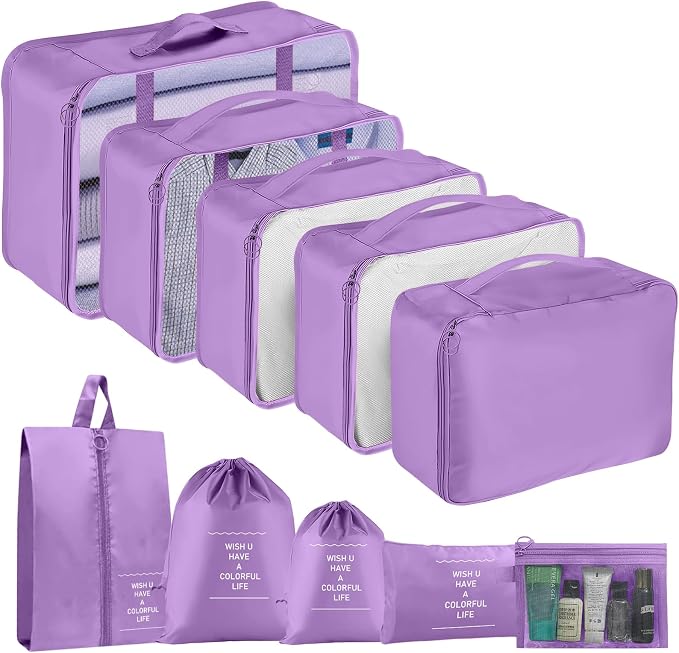 Packing Cubes for Travel- 8 Set Luggage Organizer Bags for Family, Mesh Breathable Travel Packing Cubes for Suitcases Durable Travel Essentials Bags Set (Purple, 10 Set) by YEEYAA
