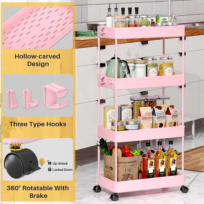 SPACEKEEPER 4 Tier Rolling Cart, Bathroom Cart Organizer with Wheels, Pink | Mobile Storage Cart for Laundry Room Organization,Kitchen,Office,Bathroom, Utility Cart for Snack,Craft,Art,Makeup,Nail,Toys - Image 7