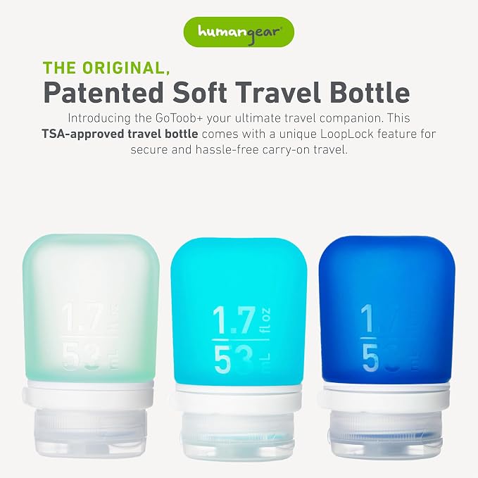 humangear GoToob+ 3-Pack, Small (1.7 fl oz), Mint/Aqua/Teal | Refillable & Leak-Proof Silicone Travel Size Bottles with Locking Cap for Toiletries, Camping & TSA Carry-On - Image 2