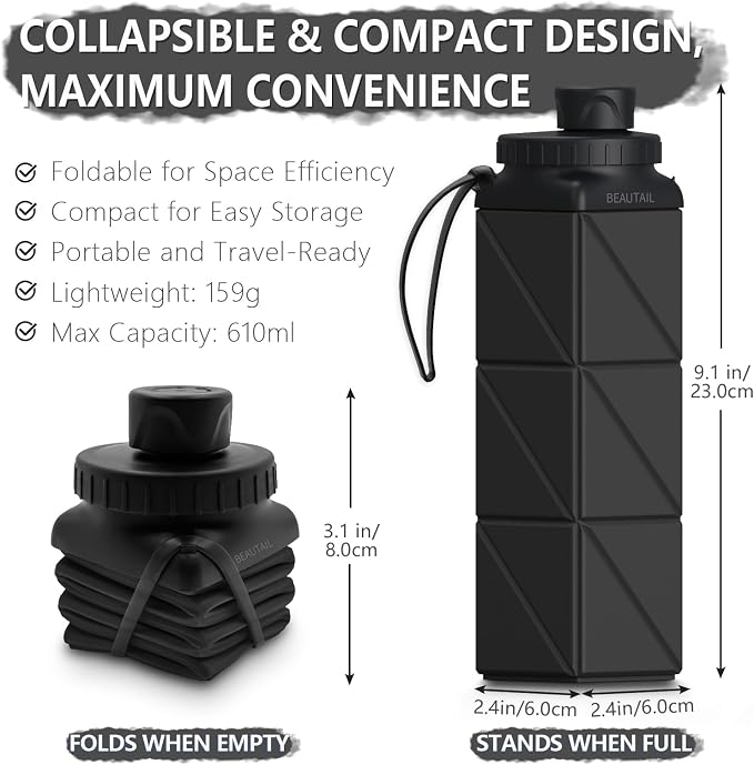 BEAUTAIL Collapsible Water Bottles 21 oz, Silicone Portable Water Bottle | BPA Free, Leakproof & Reusable, Foldable Water Bottle for Travel, Hiking, Camping, Cycling, School, Gym, 2-Pack, Black+Blue - Image 2