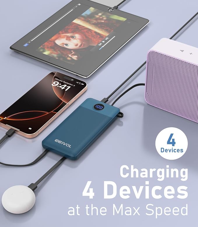 Portable Charger with Built in Cables, Slim 10000mAh Power Bank, USB C Battery Pack Travel, 4 Output 2 Input External Charging Bank for iPhone 17/16/15/14/13,Samsung, Android, etc-Blue(1 Pack) - Image 2