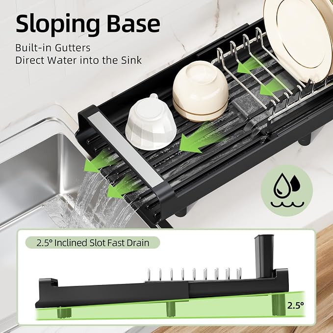 TOOLF Small Dish Drying Rack, Expandable and Space-Saving, Matte Black | Mini Dish racks for kitchen counter, Compact Design Fits Sink or Counter, Stainless Steel Plate Rack, 11"-19.3"L×7.7"W×3.54"H - Image 5