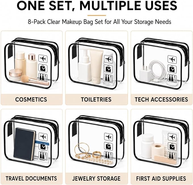 8 Pack Clear Toiletry Bag Clear Makeup Bag Zipper Toiletry Pouch | Includes 3S 3M 2L PVC Cosmetic Pouches with Zipper for TSA Toiletry Bag Set Travel Packing and Daily Organization - Image 3