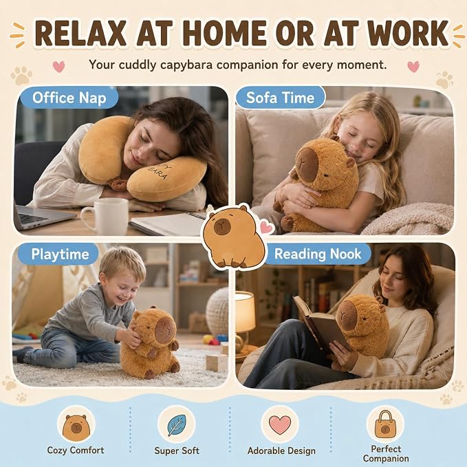 Capybara Travel Pillow for Kids & Adults Car Neck Pillow Memory Cotton U-Shaped Neck Pillow Soft Head Support Travel Accessories for Airplane Car Train Bus Airplane Pillow - Image 6