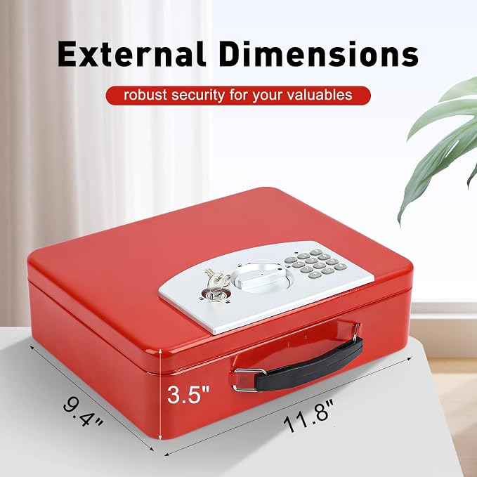 KYODOLED Red Safe Box with Digital Keypad Lock, Lock Box with Code for Personal Items, Metal Security Box for Cash, Passport, Jewelry, Ideal for Home, Office, Garage Sale, 11.8'' x 9.4'' x 3.5'' - Image 2