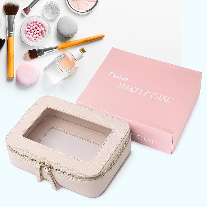 Pinkmik Clear Makeup Bag, (Beige, M) | Waterproof, Travel Cosmetics and Toiletries Case, Portable Makeup Organizer, Clear Car Bag with Zipper - Image 8