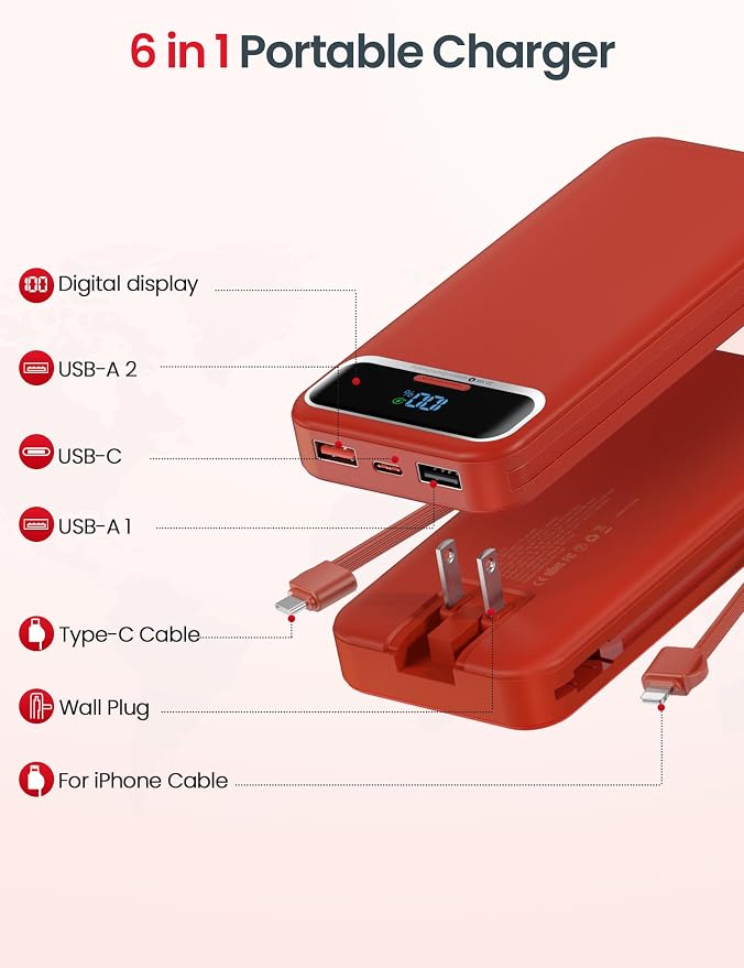 aonidi Portable Charger 12000mAh with Built-in Cables&AC Wall Plug, Red | PD20W USB C Fast Charging,LED Display External Travel Power Bank,TSA approved Battery Pack for All iPhone,Samsung,Android - Image 2