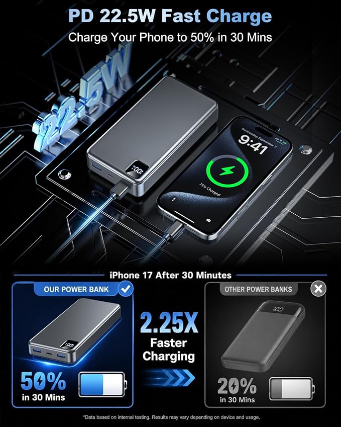 Portable Charger 56800mAh, 22.5W Fast Charging Power Bank with LED Display | Portable Phone Charger for Camping Travel Essential Compatible with iPhone 17/16/15/14/13 Series, Samsung, Google,iPad-Gray - Image 2