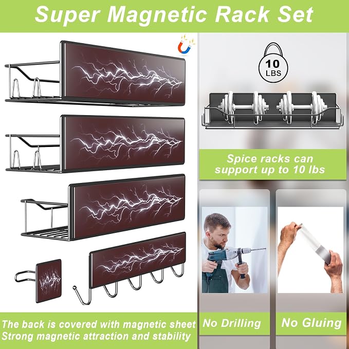 Magnetic Spice Rack for Refrigerator, 9 Pack Magnetic Fridge Shelves W/Adjustable Paper Towel Holder, Hook Rack, Moveable Spice Organizer Shelf for Kitchen Organization and Storage (Black) - Image 3