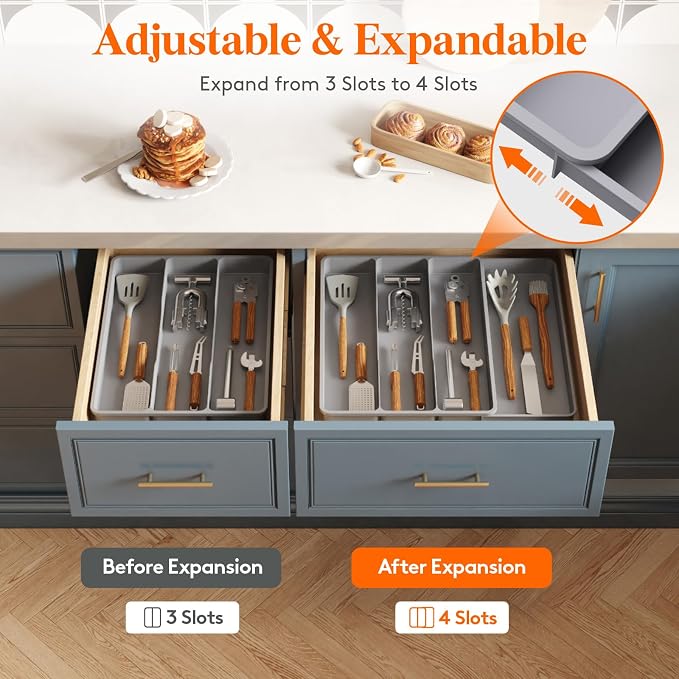Lifewit Utensil Organizer for Kitchen Drawer, Expandable Cooking Tray | Adjustable Cutlery Flatware Holder, Plastic Silverware Spatula Tools Storage Divider, 11.9-17.3 x 15.8", Gray - Image 4