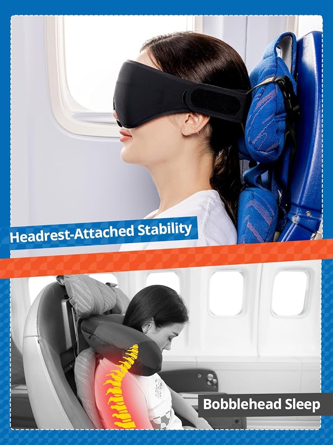 SARISUN Airplane Head Strap - 3D Eye Mask for 360° Stable Support, Compact | Travel Pillow Alternative for Long Flight, Attach to Seat Headrest, Stops Bobblehead, Soft and Portable, Sleep Support, Black - Image 7