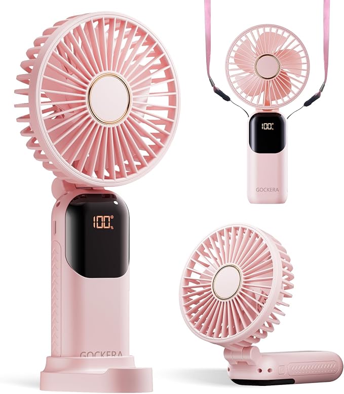 GOCKERA Portable Fan, 4200mAh Battery Operated Fan, 5 Speeds&Digital Display, Makeup Fans for Women with Base, 180°Foldable 3in1 Handheld/Neck/Desk Fan for Outdoor Indoor,Ultra Quiet (Pink) by GOCKERA