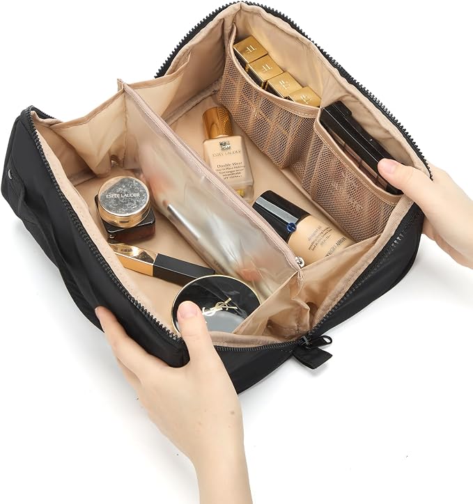 NISHEL Travel Makeup Bag for women, Organizer Pouch Cosmetic Case | Open-flat design keeps cosmetics, brushes, and beauty tools organized for travel and daily routines, Large, Black - Image 4