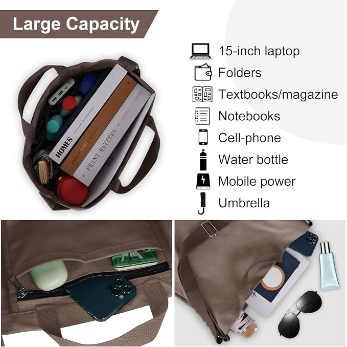Women's Canvas Tote Bag inside Out Bag with Adjustable Crossbody Strap for Work Travel Shopping Durable Handbag for Men - Image 4