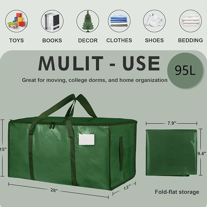 8 Pack-Extra Large Heavy Duty Moving Bags - Waterproof Storage Totes with Handles & Zippers, Foldable for College Dorm, Storage (olive green) - Image 2