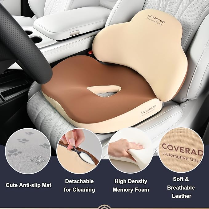 Coverado Car Seat Cushion and Lumbar Support Pillow, Memory Foam Ergonomic Back Support Driving Seat Cushion for Sciatica, Tailbone, Back Pain, Non-Slip Washable Cushion for Car, Driver, Office - Image 5