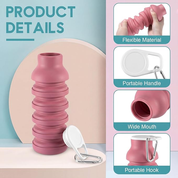 LemonRoad 2 Pcs 20 oz Portable Collapsible Water Bottles Reusable Silicone Foldable Water Bottle Lightweight Leakproof Expandable for Gym Traveling Camping Hiking Sports (Pink,Teal Blue) - Image 3