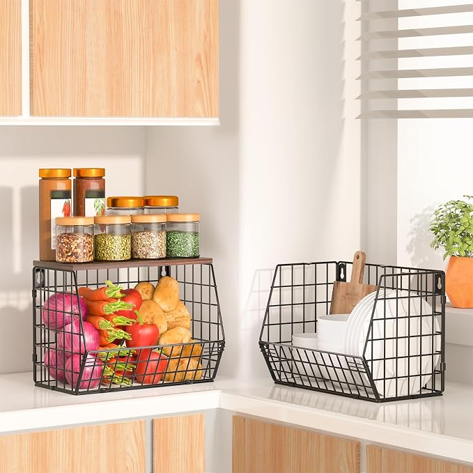 Wawocs Fruit Basket for Kitchen Counter 2 Tier Fruit Bowl, Stackable Wall Mounted Hanging Fruit Basket Wire Baskets with Wood Lid with 4 Banana Hanger Hooks, Onion Basket, Fruit and Vegetable Storage - Image 4